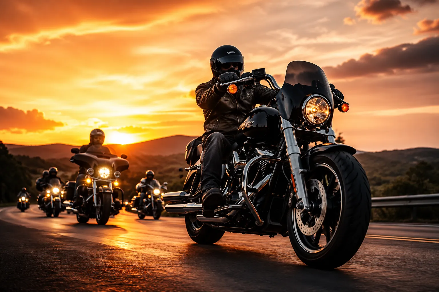 Harley-Davidson riders on a group ride at sunset