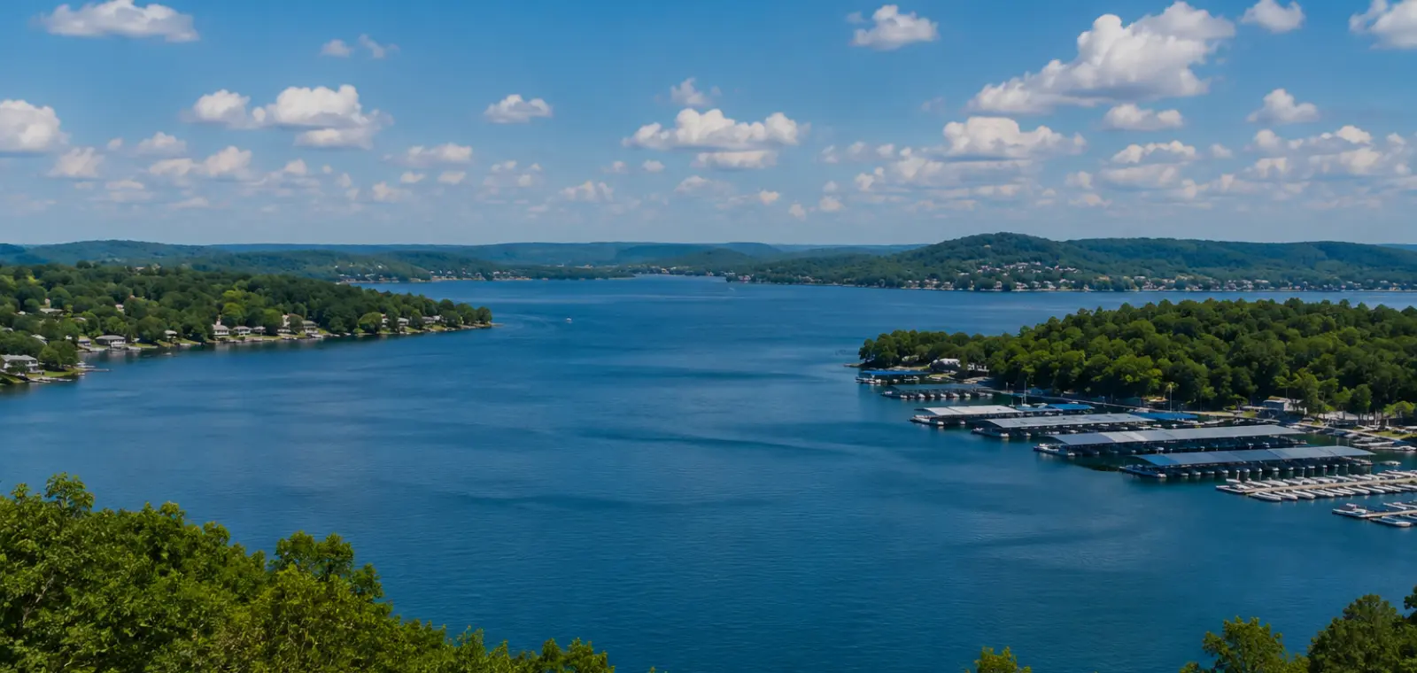 Scenic view across a clear Ozark lake near Branson, Missouri at sunset