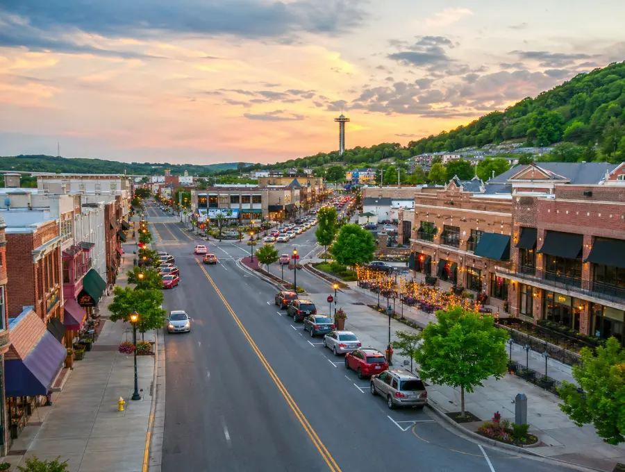 Historic Downtown Branson street with local boutiques, murals and Victorian lamp posts