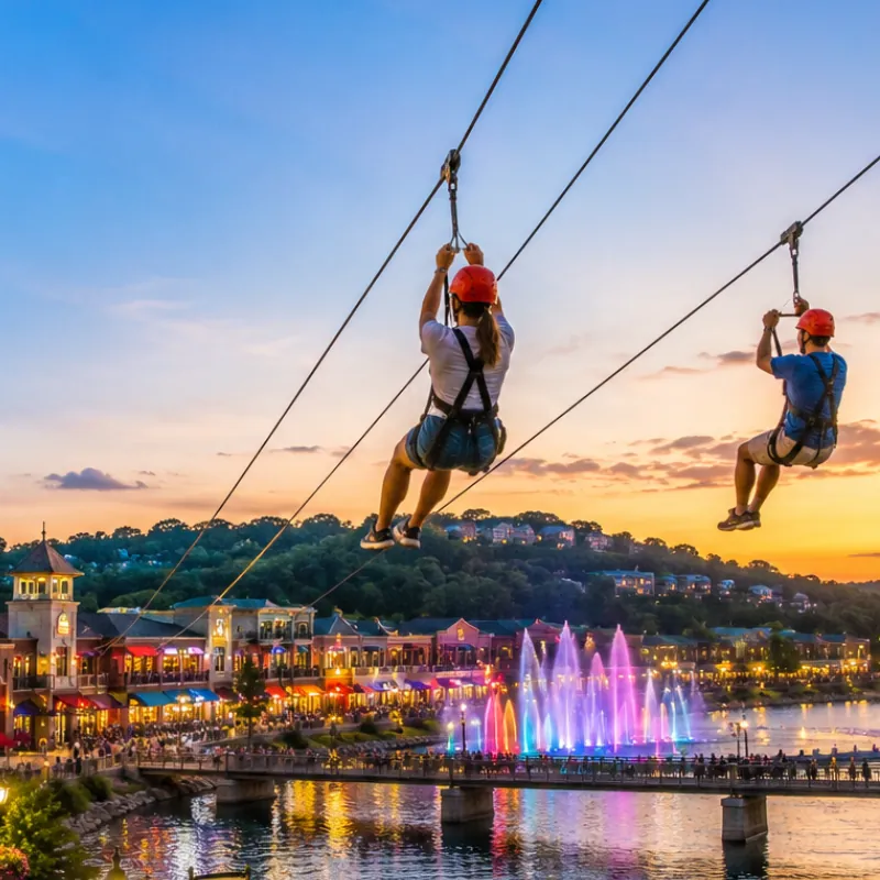 Steampunk balloon tower and waterfront zipline at Branson Landing