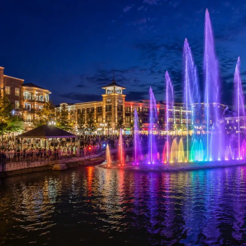 Branson Landing fountain show with water, fire and light over Lake Taneycomo