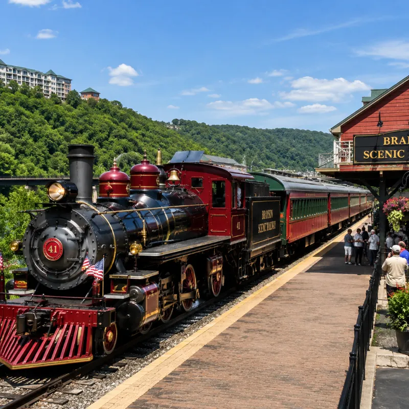 Branson Scenic Railway train departing the downtown depot