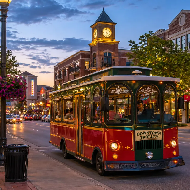 Free Sparky downtown discovery trolley in Historic Downtown Branson