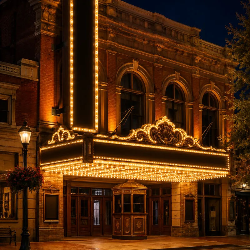 Lit marquee of a historic theater in Downtown Branson at night
