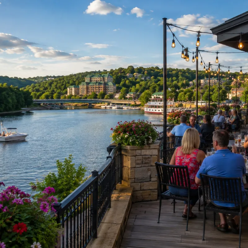Waterfront restaurant patio overlooking Lake Taneycomo in Downtown Branson