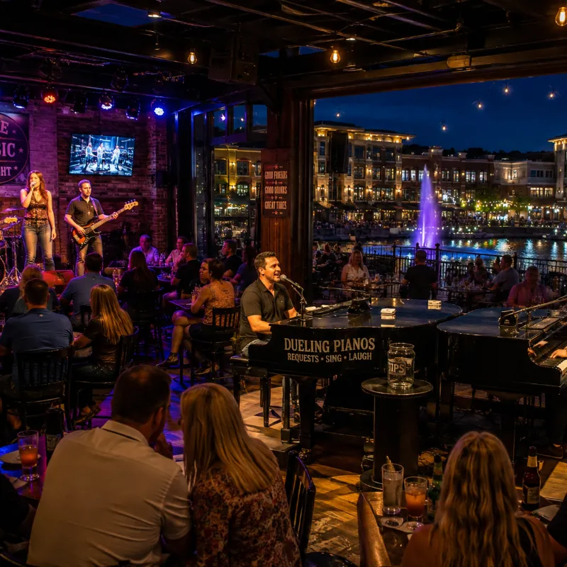 Live-music pub and dueling-piano bar at Branson Landing in the evening