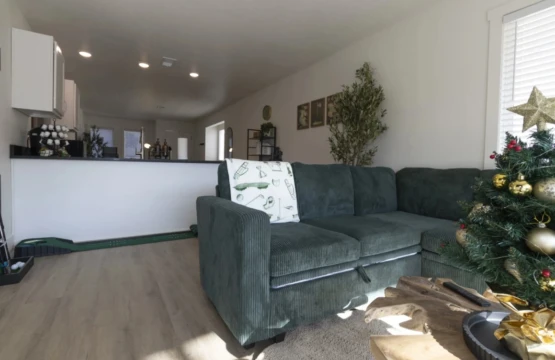 Condo living area with green sectional, Christmas tree and kitchen bar
