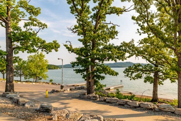 Lakeside park with oak trees, paved path and boat ramp