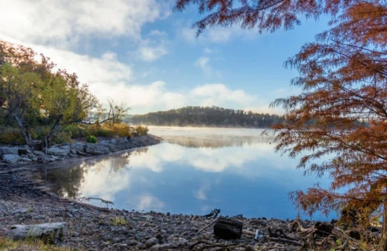 Misty lake shoreline with autumn trees and calm reflections