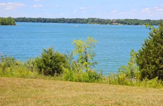 Blue lake view from a grassy hillside on a sunny day