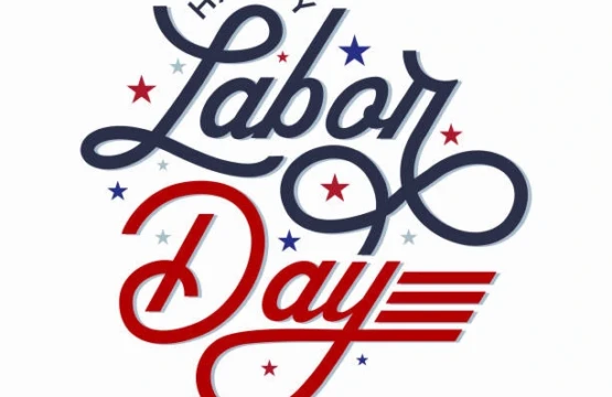 Happy Labor Day lettering in red and navy with stars