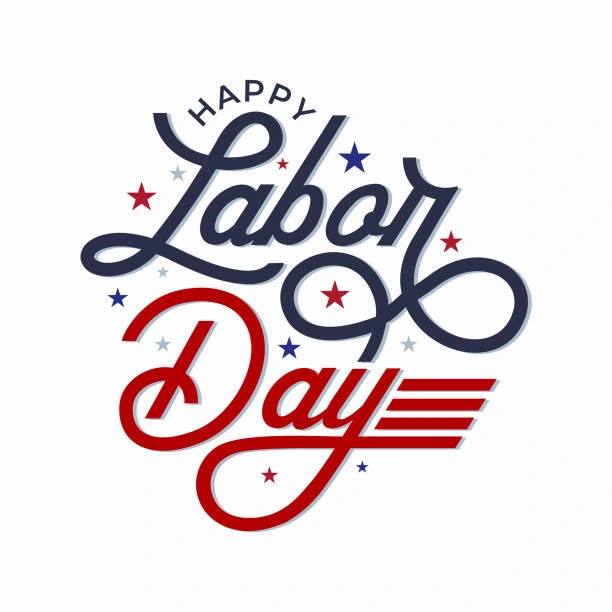 Happy Labor Day lettering in red and navy with stars