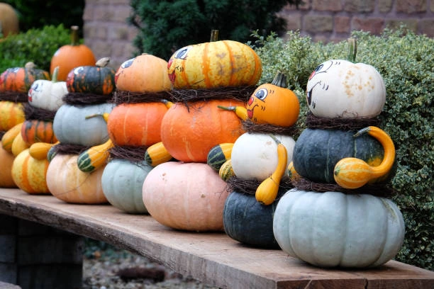 Stacked pumpkins and gourds decorated as smiling fall figures on a wooden bench